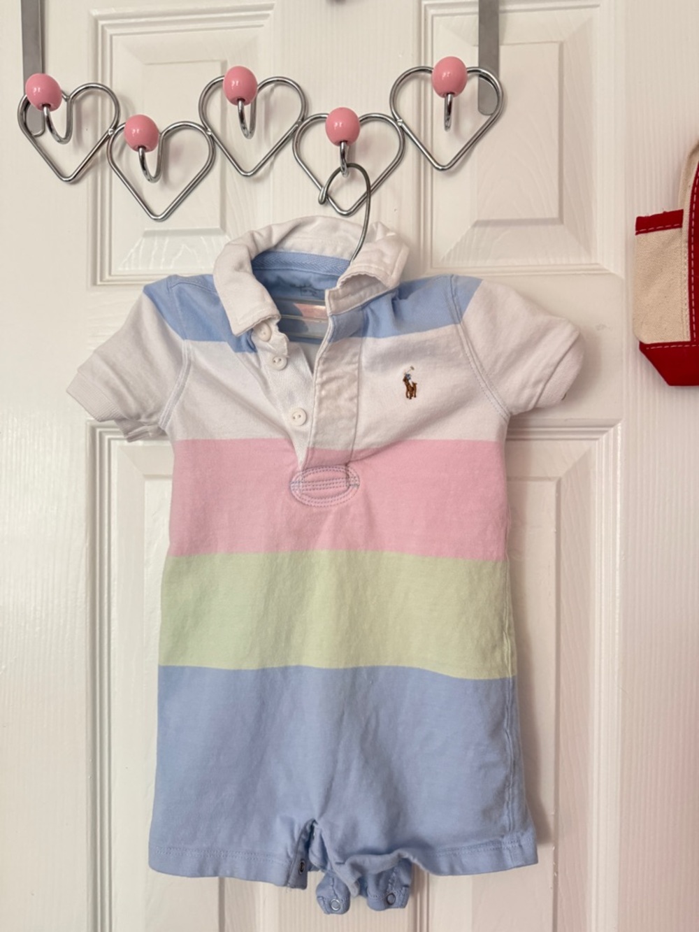 Ralph Lauren Pastel Stripe Polo Romper - Blue, Pink, Green, White